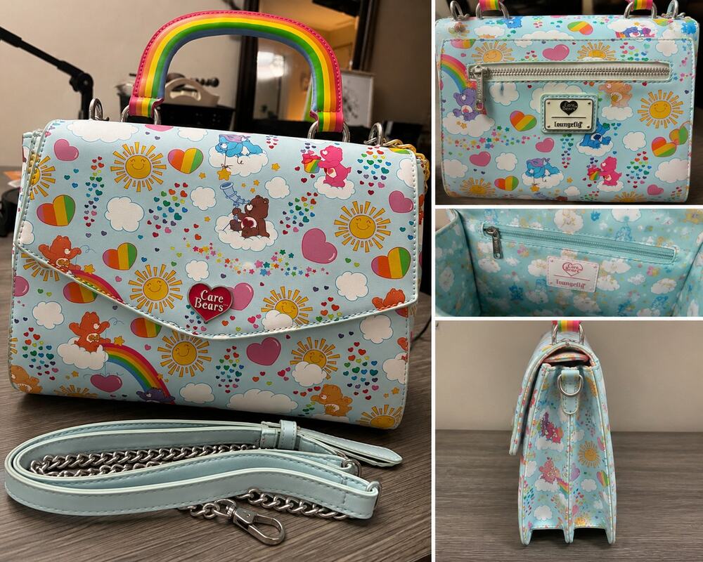 Loungefly Care Bears Rainbow Hearts Crossbody Satchel Bag Pastel Blue